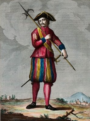 Kostüm, Tracht. Schweizer Soldat, der den Gesandten von Bologna bewacht. Leibwächter, Italien, 18. Jh. 