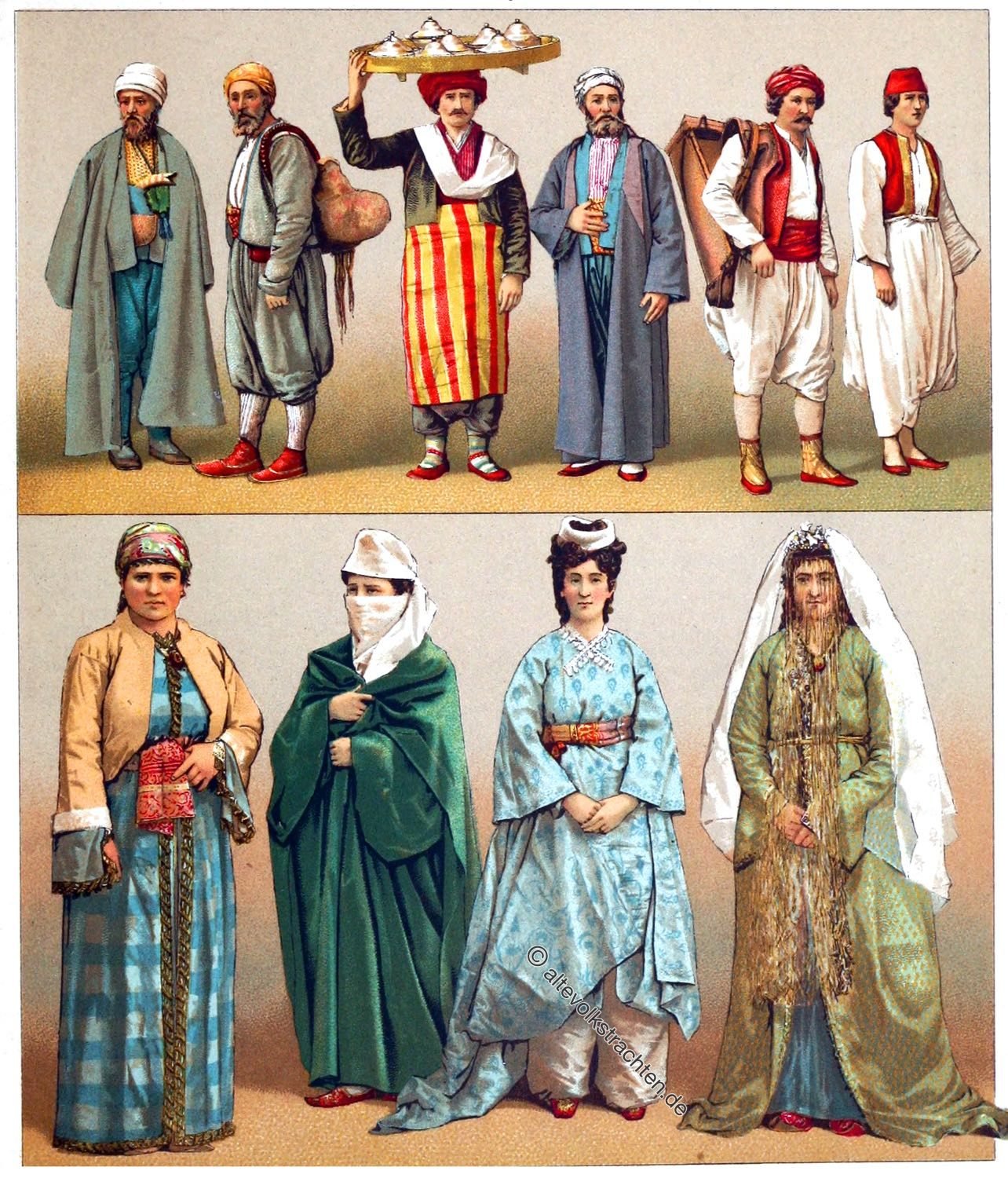 Trachten, Kostüme, Türkei, Bektaschi-Derwisch, Hammal, Aïwas, Bürger, Sakka, Caikdji, Jüdin, Türkische Frauen, Verheiratete Armenierin