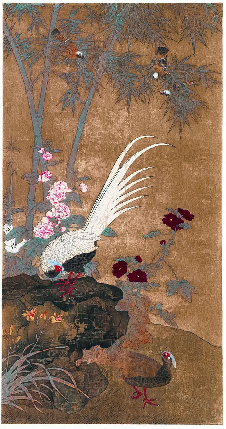 Holzschnitt, Blumen, Vögel, Wan Jo-Shui, Kakemono, Japan, Malerei, Kunst,