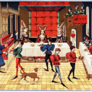 Mittelalterliche Tafel im Schloss. Mittelalter, Tafel, Schloss, Schlossherrin, Mundschenk, Hennin, Kostüm, Gotik,