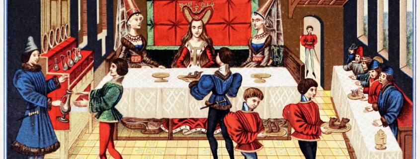 Mittelalter, Tafel, Schloss, Schlossherrin, Mundschenk, Hennin, Kostüm, Gotik,