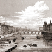 Die Pont au Change. Seinebrücke in Paris in 1831. Pont au Change, Seinebrücke, Paris, Kupferstich,